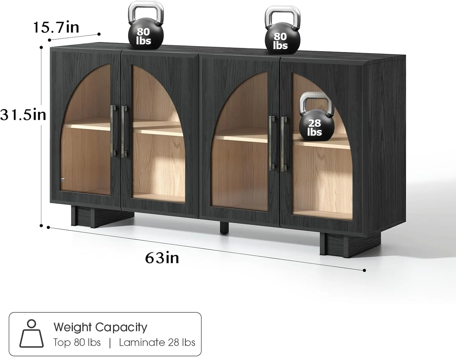 Buffet Cabinet with Storage, 63 '' Large Sideboard with Glass Doors, Arched Cabinet with Adjustable Shelves,Credenzas for Living Room,Entryway,Kitchen(Black, 4 Doors)