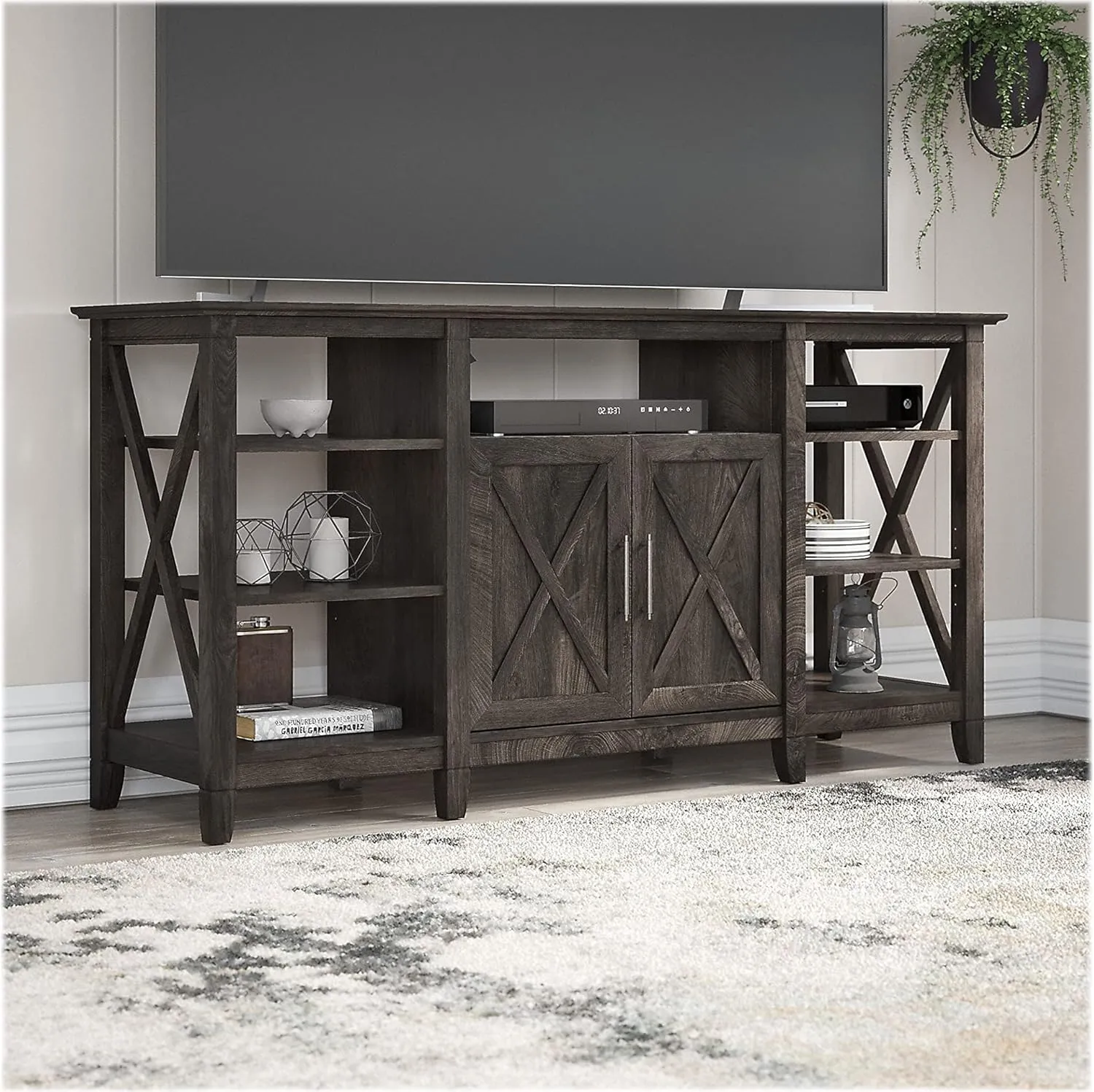 Bush Furniture Key West Tall TV Stand for 65 Inch TV in Dark Gray Hickory, Farmhouse Entertainment Center with Storage
