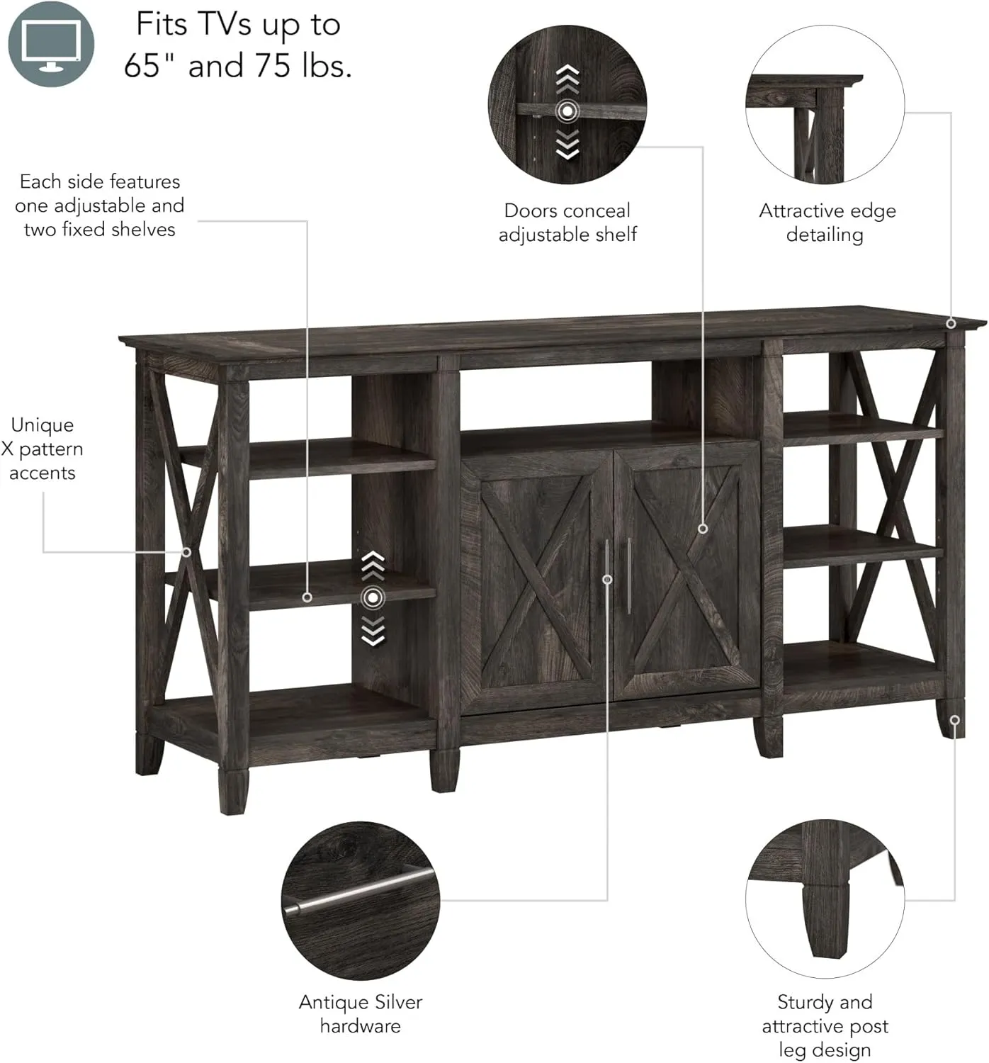 Bush Furniture Key West Tall TV Stand for 65 Inch TV in Dark Gray Hickory, Farmhouse Entertainment Center with Storage