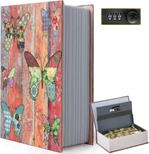 Butterfly Book Safe Box with Combination Lock, Vintage Faux Book Hidden Safe for Decoration, Secret Diversion Book Safe Storage Box for Home Office Café Bookshelf （9.5"×6"×2.2")