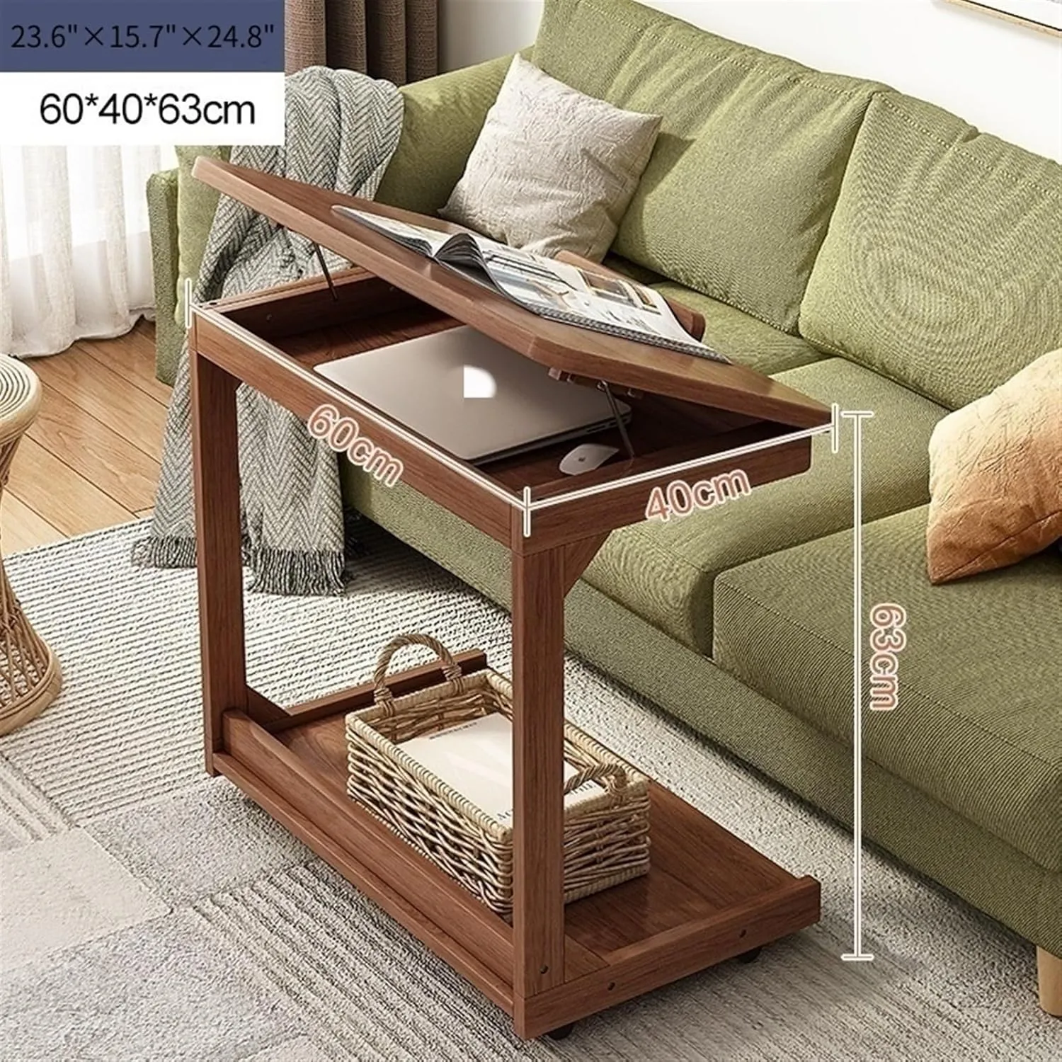 C Shaped Mobile Side Table with Wheels, Adjustable Tiltable Tabletop, Hidden Storage, Multi-Functional Desk for Living Room & Bedroom(23.6 * 15.75 * 24.8in)