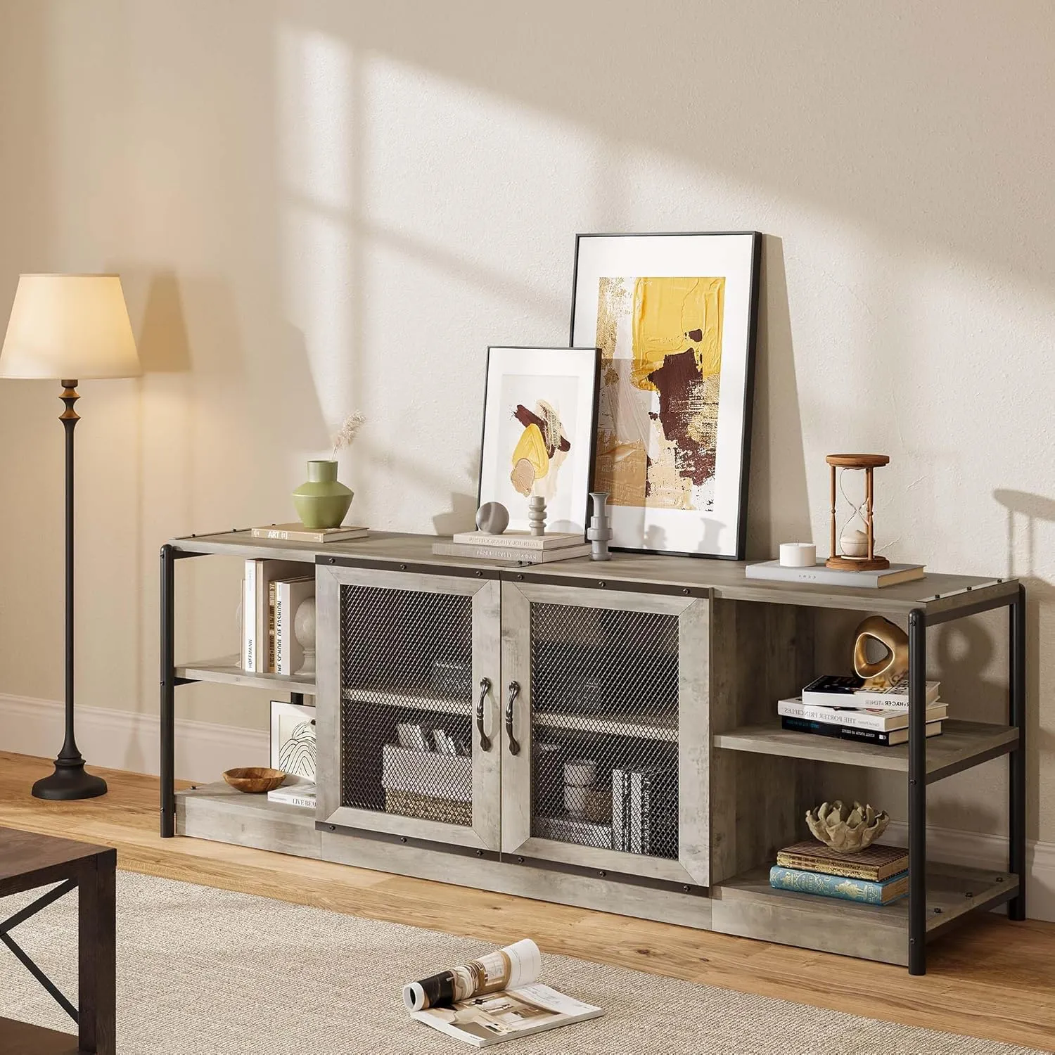 CABIHOME Farmhouse TV Stand for 75/80 inches TVs, Entertainment Center with Storage Cabinet and Mesh Doors, Industrial Media Console Cabinet Table, Living Room Media Furniture, Grey
