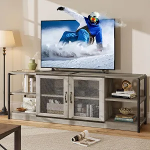 CABIHOME Farmhouse TV Stand for 75/80 inches TVs, Entertainment Center with Storage Cabinet and Mesh Doors, Industrial Media Console Cabinet Table, Living Room Media Furniture, Grey