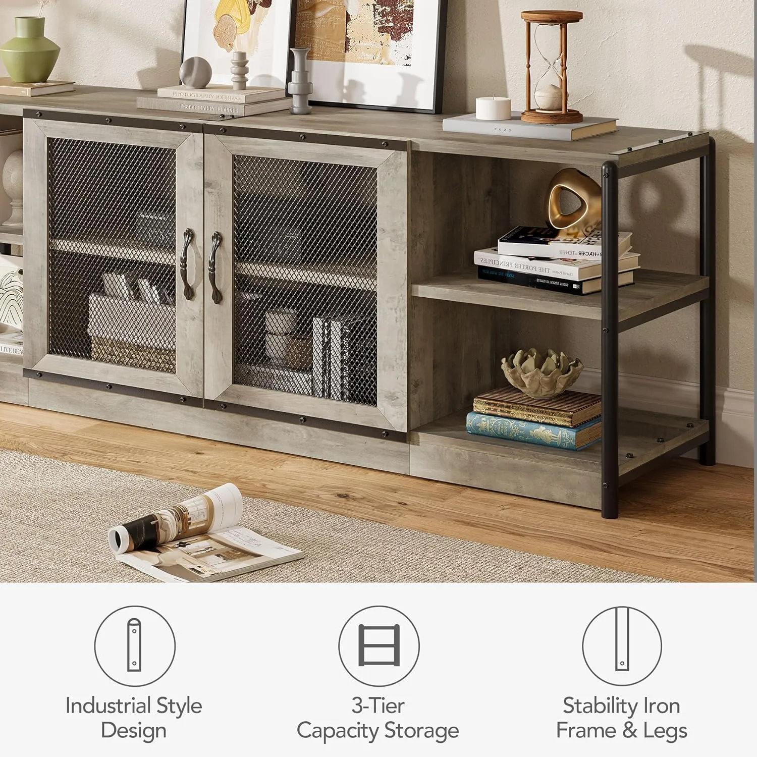 CABIHOME Farmhouse TV Stand for 75/80 inches TVs, Entertainment Center with Storage Cabinet and Mesh Doors, Industrial Media Console Cabinet Table, Living Room Media Furniture, Grey
