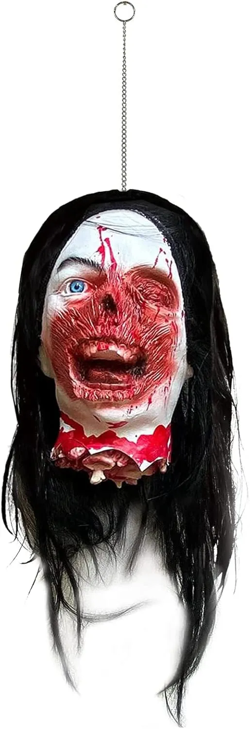 Cafele Halloween Cut Off Head Prop with wig Bloody Creepy Scary Zombie Latex Hanging Severed Head Halloween Party Cosplay