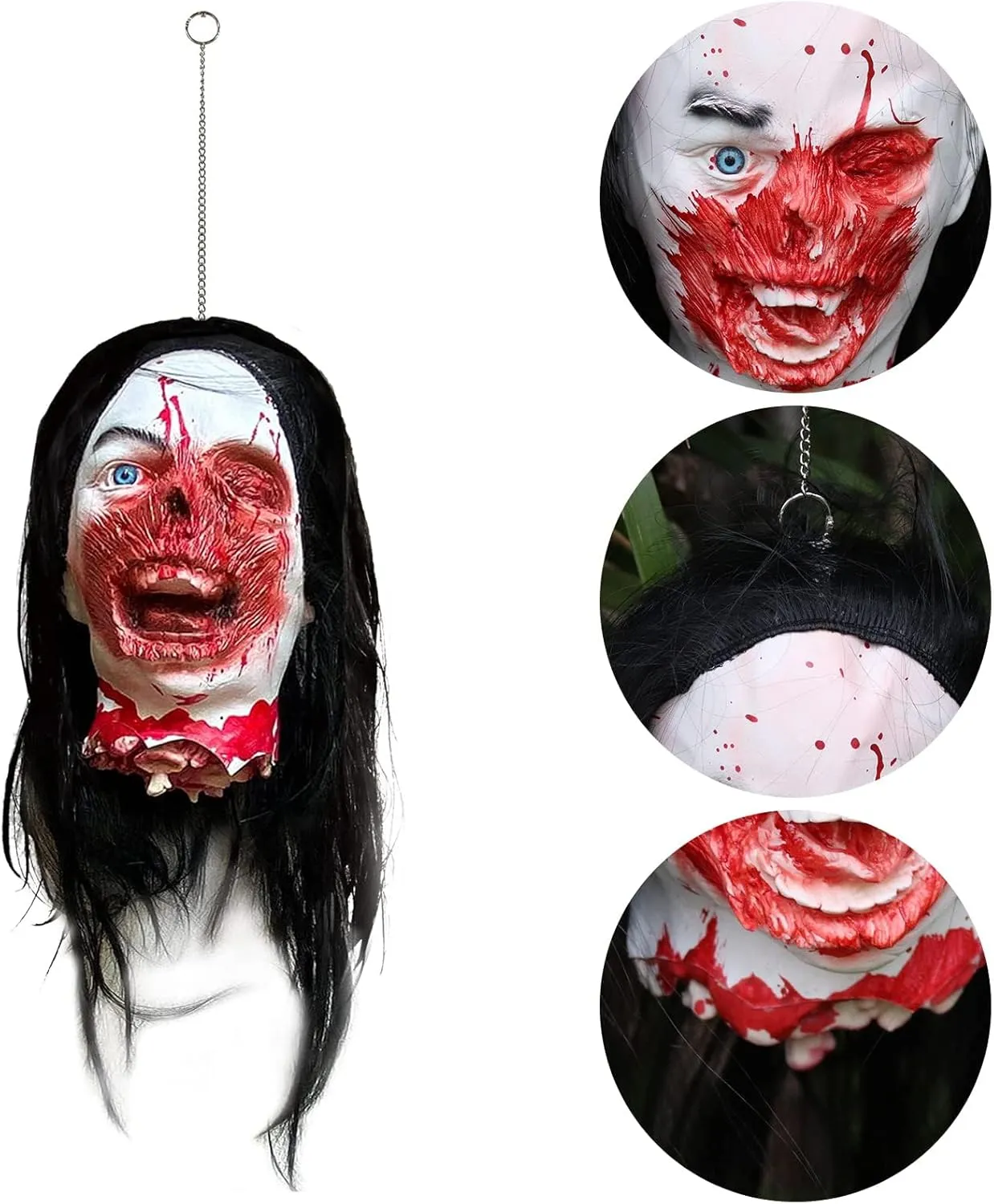 Cafele Halloween Cut Off Head Prop with wig Bloody Creepy Scary Zombie Latex Hanging Severed Head Halloween Party Cosplay