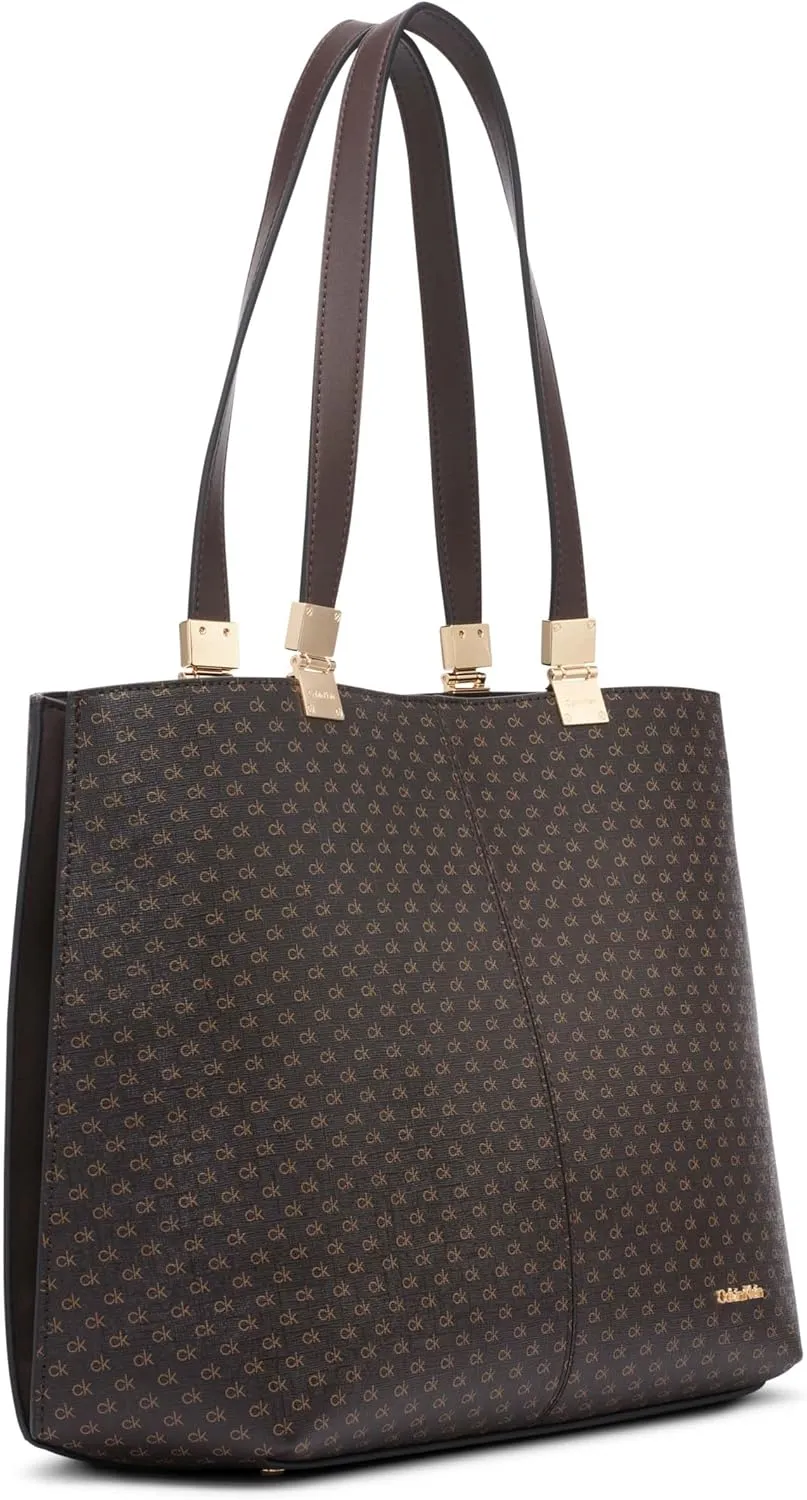 Calvin Klein Granite Geometric Tote Bag – Vegan Leather, Monogram, 3 Pockets