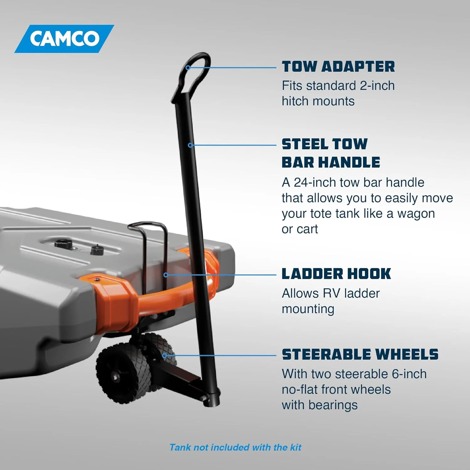 Camco Rhino Steerable Wheel Kit for 28 & 36-Gallon Rhino RV Tote Tanks - Features No-Flat Front Steerable Wheels, 24" Tow Bar & More RV Accessories (39011)