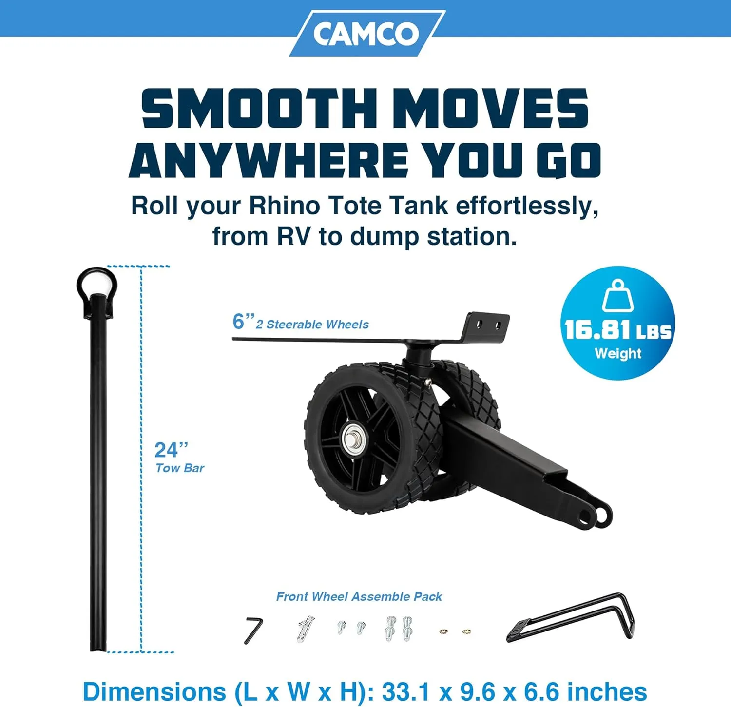 Camco Rhino Steerable Wheel Kit for 28 & 36-Gallon Rhino RV Tote Tanks - Features No-Flat Front Steerable Wheels, 24" Tow Bar & More RV Accessories (39011)