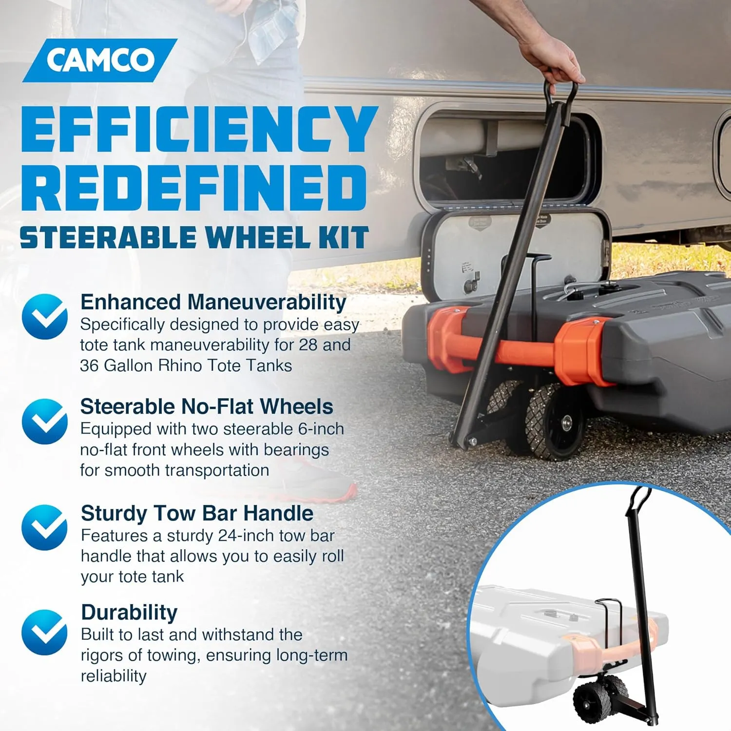 Camco Rhino Steerable Wheel Kit for 28 & 36-Gallon Rhino RV Tote Tanks - Features No-Flat Front Steerable Wheels, 24" Tow Bar & More RV Accessories (39011)