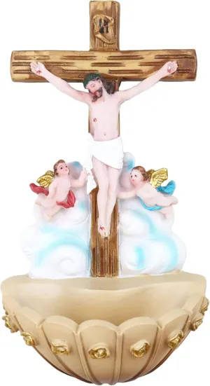 Cannan Jesus En La Cruz Con Angeles a Sus Pies 7.5"" Fuente De Agua Bendita para Pared Crucifix Wall-Mounted Holy Water Font Wall Hanging Decor Great Gift, *251279MS