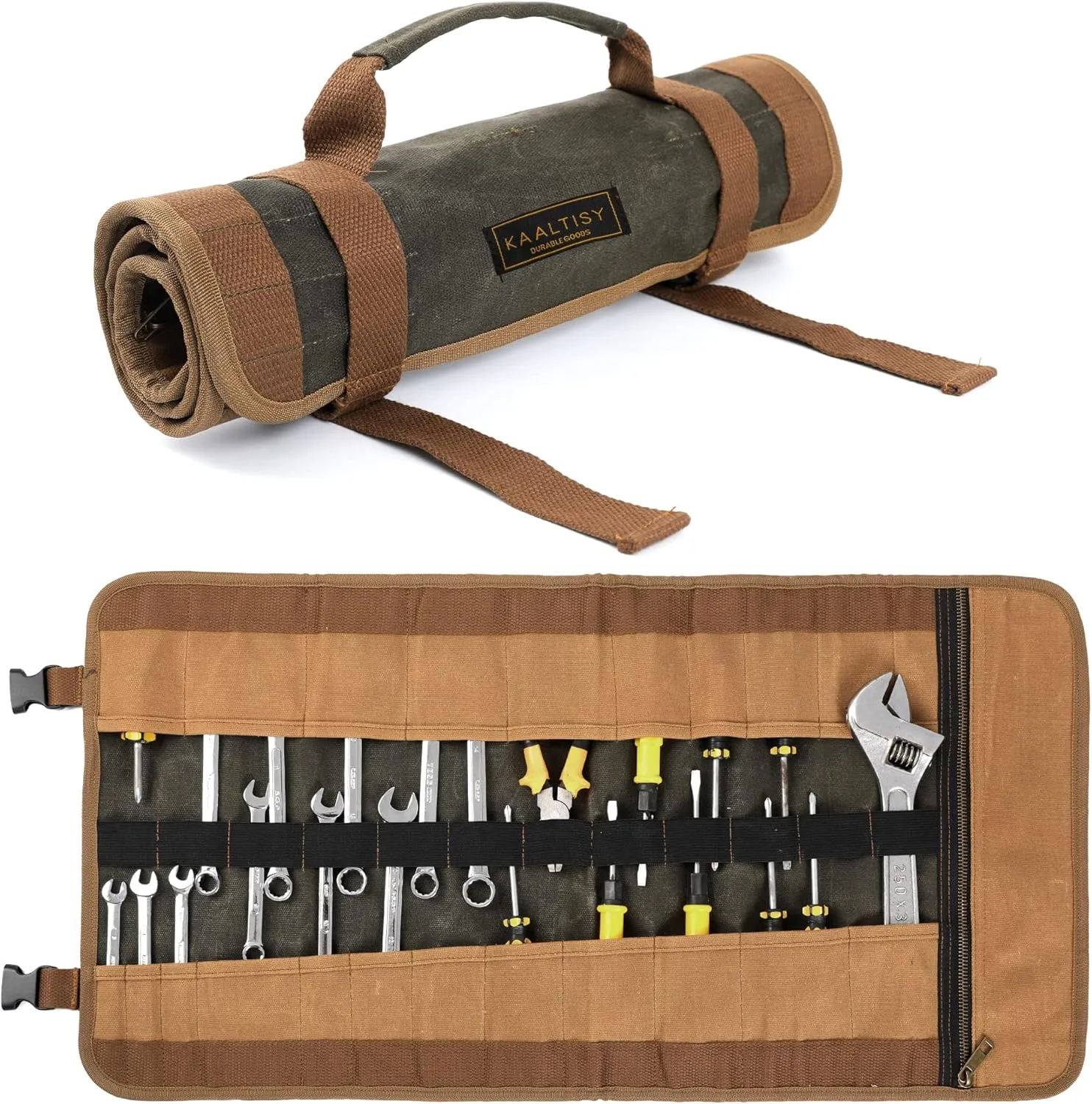 Canvas Tool Roll, 23 Pockets Tool Case, Heavy Duty 16oz Waxed Canvas Tool Storage (26"L x 13"W), Tool Roll Up Bag with Buckles and Handle - Army Green