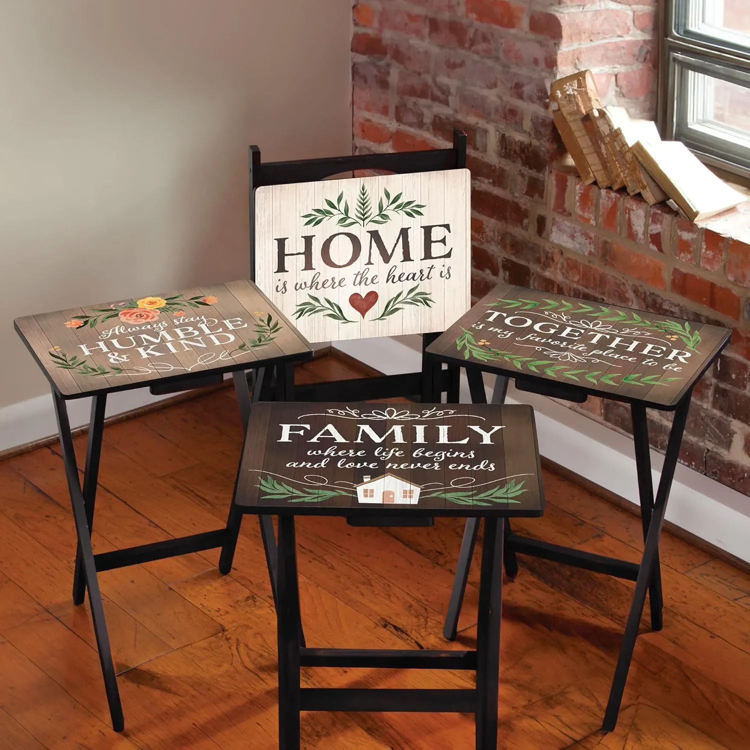 Cape Craftsmen Classic TV Trays Table | Set of 4 | Rectangular Folding Couch Trays with Storage Rack | Decorative Portabe Serving Tables for Home Activities (Rustic Farmhouse)
