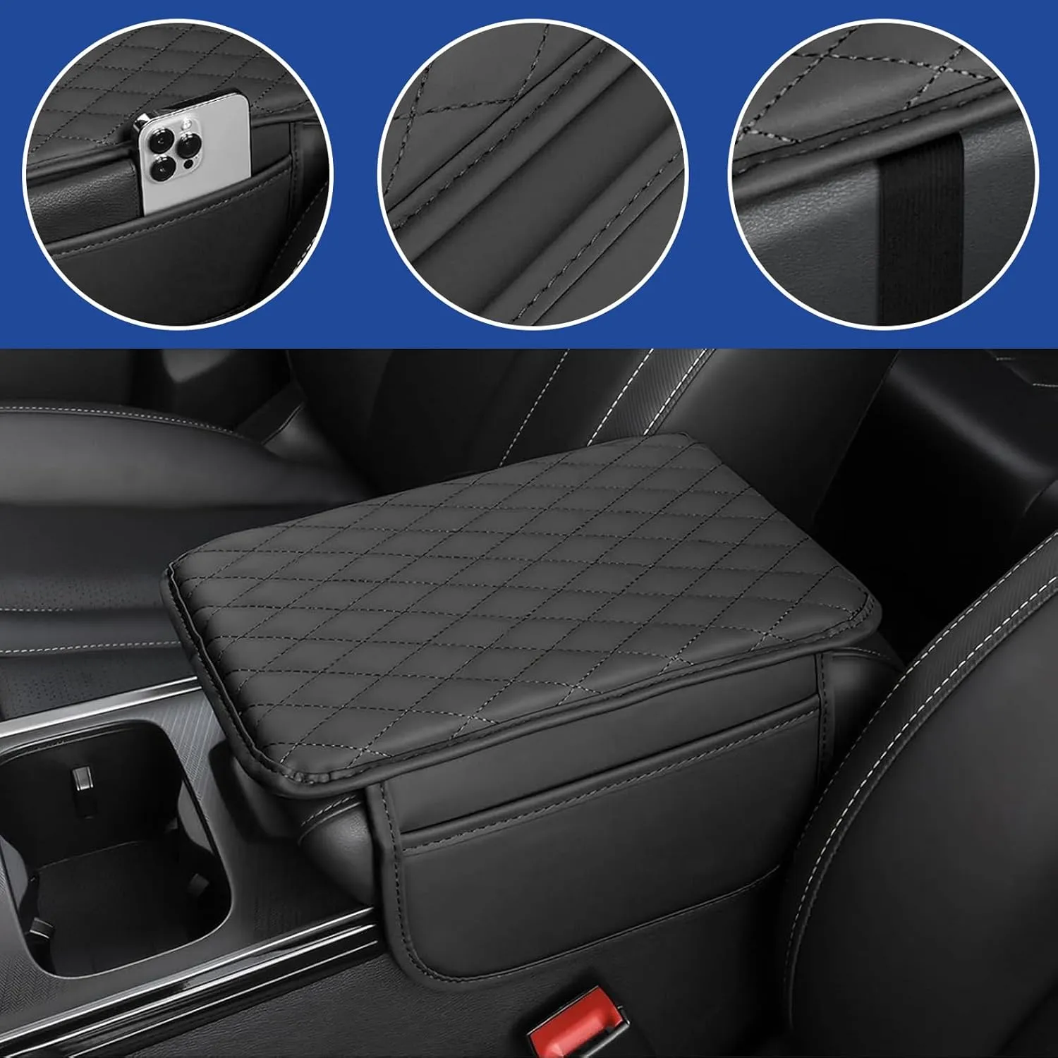 Car Center Console Cover, Car Arm Rest Cover with Side Storage Bags, 7.8In x 12.1In Universal for Most Cars, Trucks and Vans (Black)