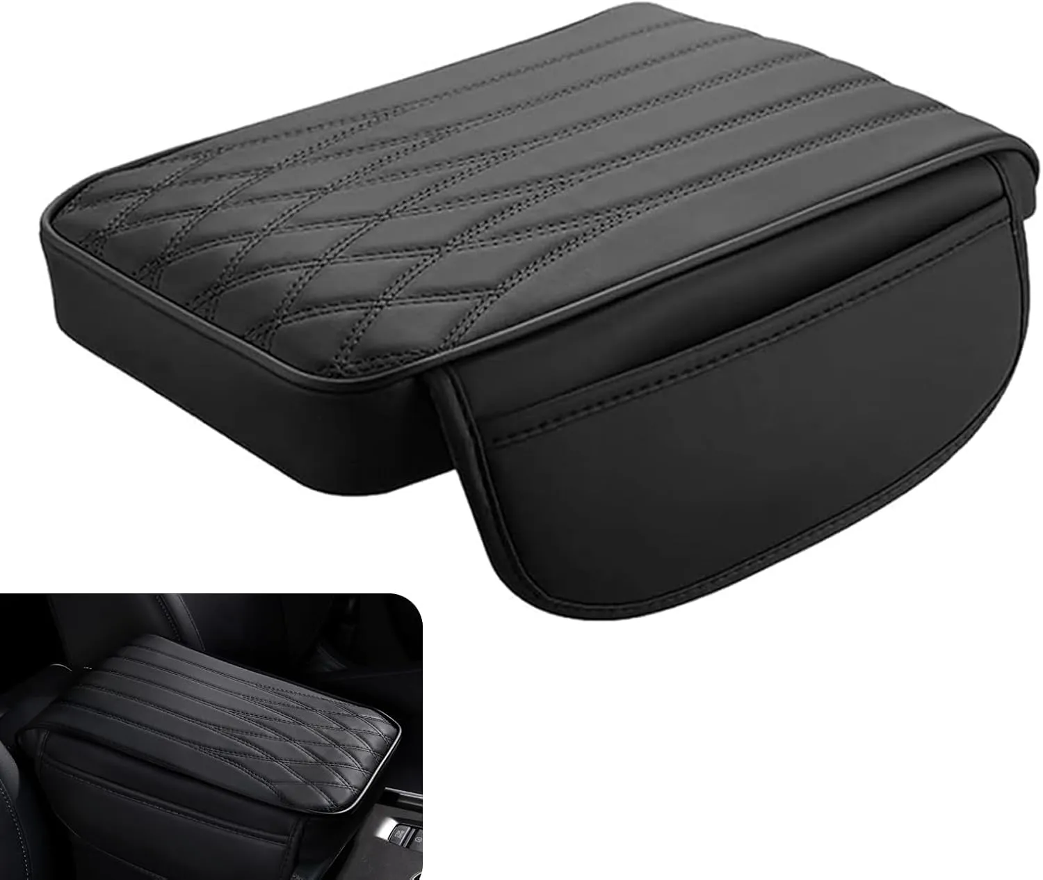 Car Center Console Cover, Leather Car Armrest Cover Cushion with 2 Storage Bags, Memory Foam Slow Rebound Pressure Relief Comfort Support Pad, Universal for Most Cars, Trucks, SUVs (Balck)