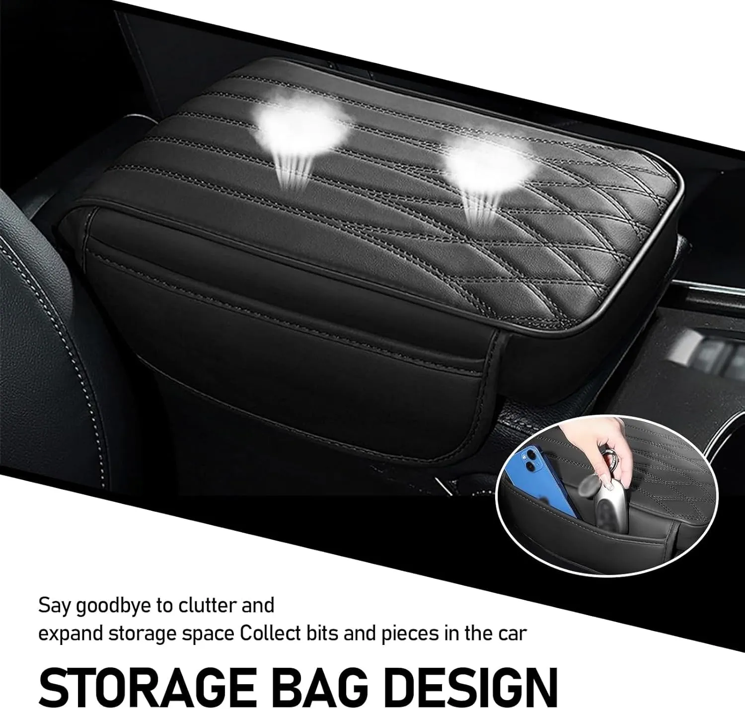 Car Center Console Cover, Leather Car Armrest Cover Cushion with 2 Storage Bags, Memory Foam Slow Rebound Pressure Relief Comfort Support Pad, Universal for Most Cars, Trucks, SUVs (Balck)
