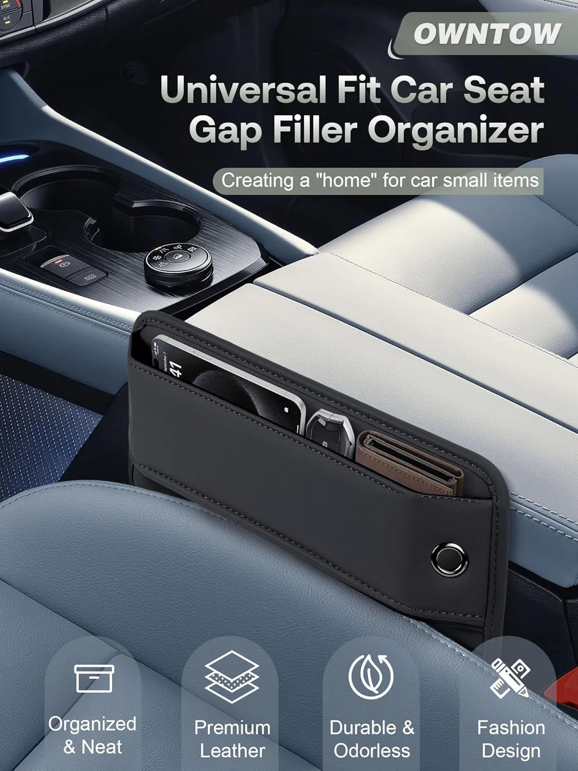 Car Gap Filler, Universal Fit Car Seat Gap Filler Organizer, Premium Leather Car Organizer Car Accessories for Women Men, Gap Filler Car Essentials for Car Small Items (Black, 2 Pack), XN001