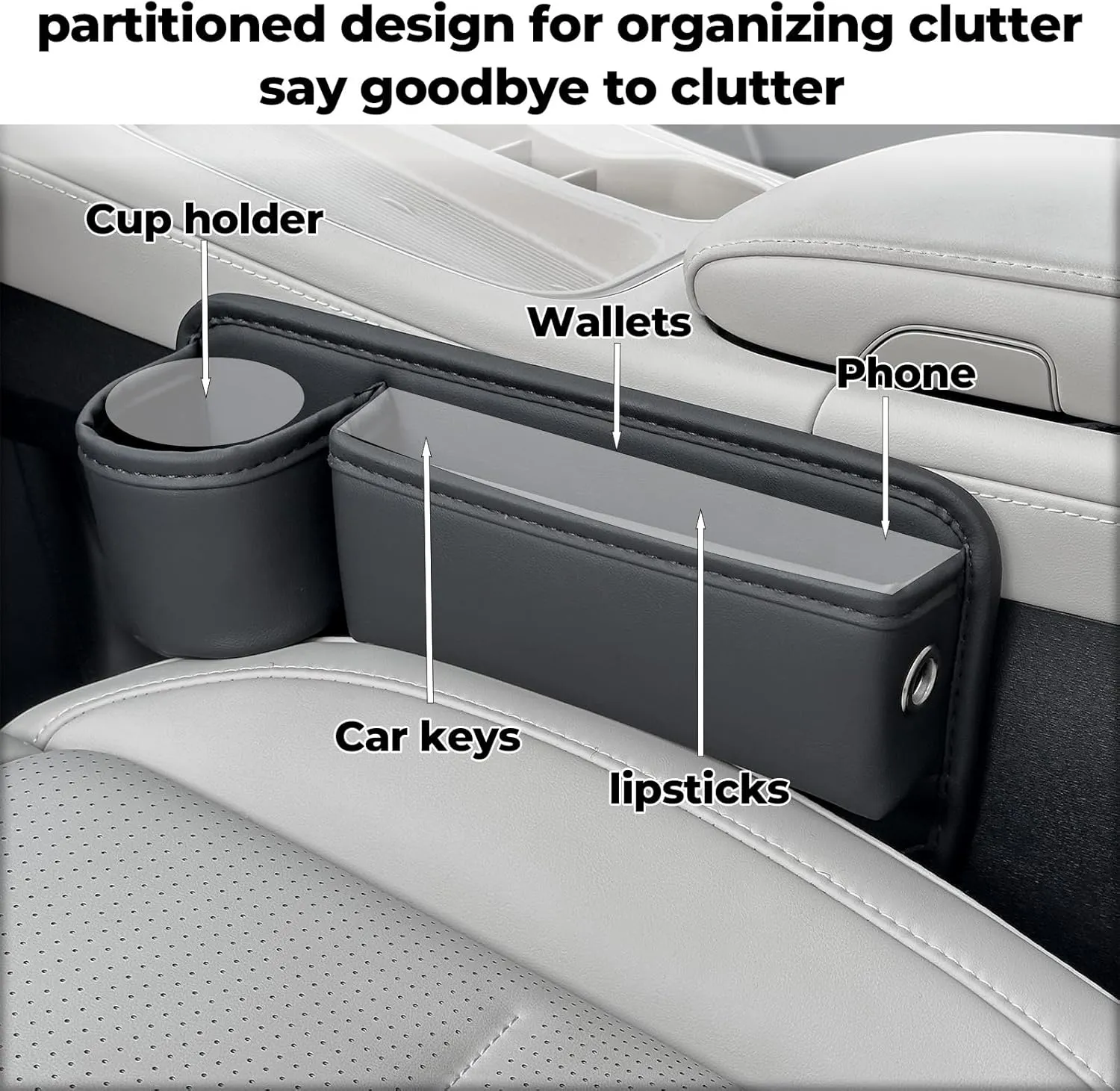 Car Seat Gap Filler Organizer, Car Seat Organizer, Seat Gap Storage Box with Cup Holders for Drink, Car Leather Cup Holder Gap Bag Front Seat for Holding Phone, Sunglasses,Keys（Black Passenger Seat )