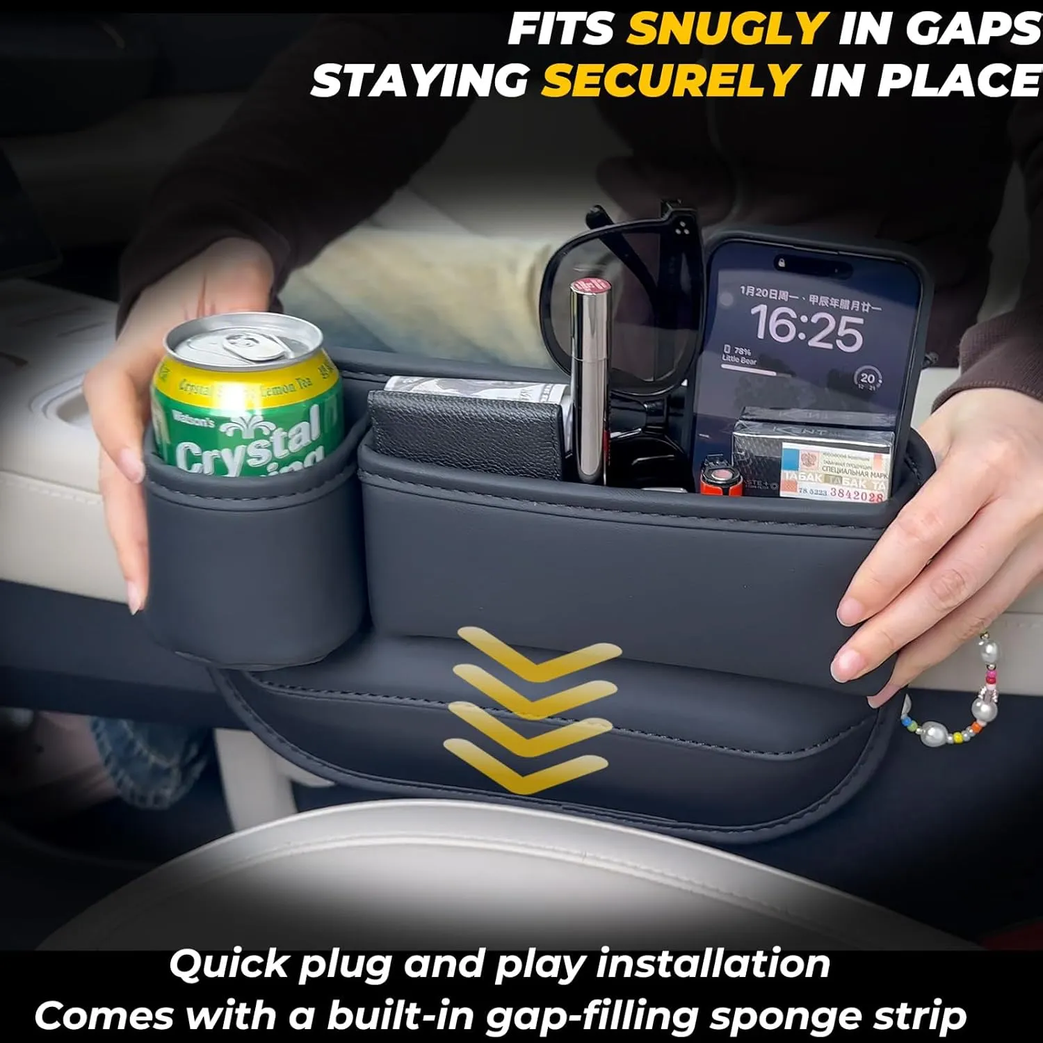 Car Seat Gap Filler Organizer, Car Seat Organizer, Seat Gap Storage Box with Cup Holders for Drink, Car Leather Cup Holder Gap Bag Front Seat for Holding Phone, Sunglasses,Keys（Black Passenger Seat )