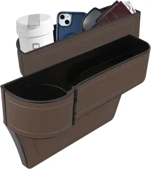 Car Seat Gap Filler Organizer, Multifunctional Car Seat Organizer with Adjustable Cup Holder, Leather Car Seat Gap Storage Box for Holding Phones, Coins, Cards, Keys, Pens (Brown)