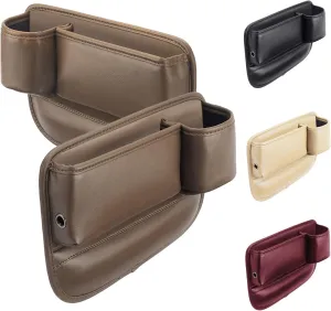 Car seat Pouch, Center Console Pouch, Gap Filler, Car Leather Cup Holder Gap Bag,Leather Storage Box for Mobile Phone Keys, Water Glasses, ID Cards, Glasses (Brown 2 Pieces (Driver   co-Pilot))