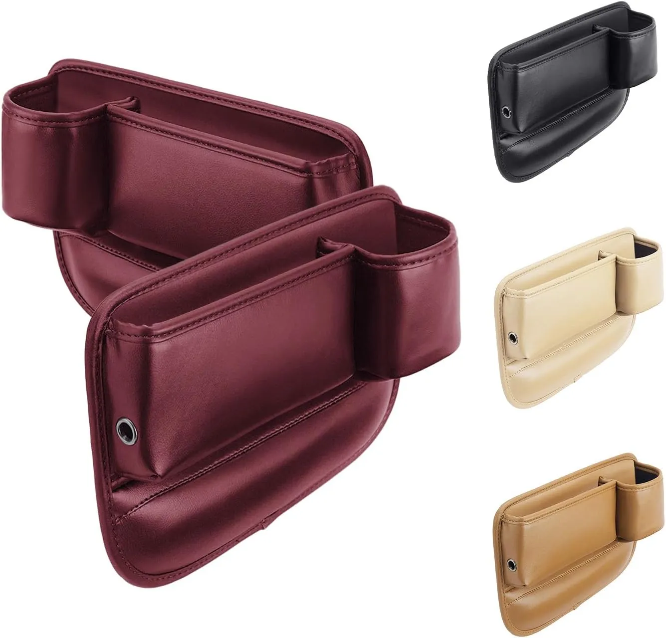 Car seat Pouch, Center Console Pouch, Gap Filler, Car Leather Cup Holder Gap Bag,Leather Storage Box for Mobile Phone Keys, Water Glasses, ID Cards, Glasses (Dark red 2 Pieces (Driver   co-Pilot))