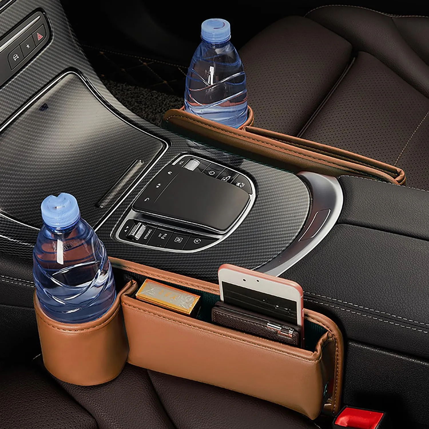 Car seat Pouch, Center Console Pouch, Gap Filler, Car Leather Cup Holder Gap Bag,Leather Storage Box for Mobile Phone Keys, Water Glasses, ID Cards, Glasses (Dark red 2 Pieces (Driver   co-Pilot))