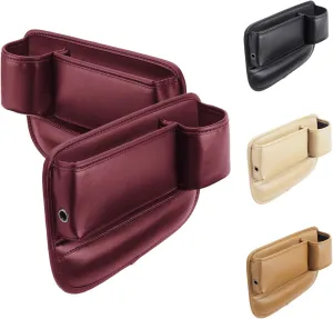Car seat Pouch, Center Console Pouch, Gap Filler, Car Leather Cup Holder Gap Bag,Leather Storage Box for Mobile Phone Keys, Water Glasses, ID Cards, Glasses (Dark red 2 Pieces (Driver   co-Pilot))