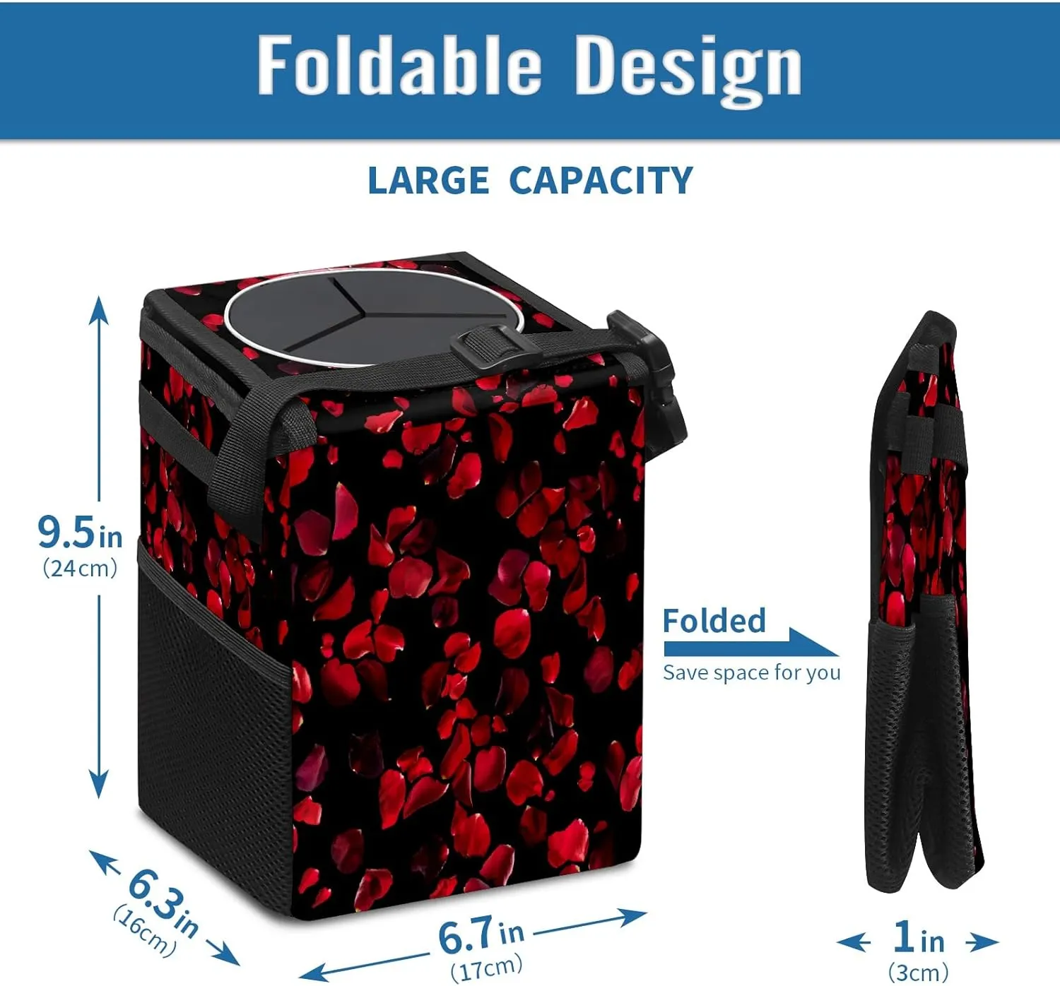 Car Trash Can Black Red Rose Petal Small Auto Garbage Bag with Lid Hanging for Front Seat Car Accessories Car Storage Container Box Fits for SUV Truck Sedan