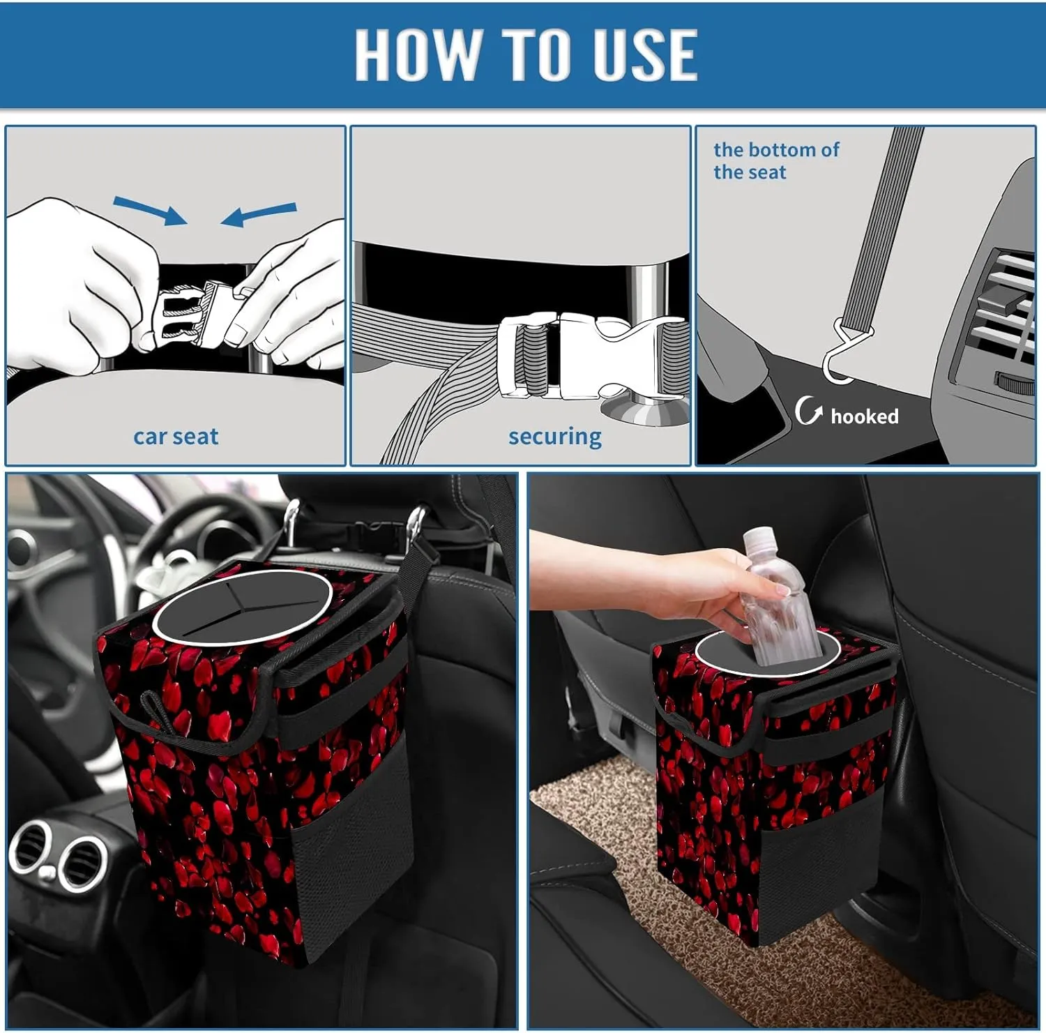 Car Trash Can Black Red Rose Petal Small Auto Garbage Bag with Lid Hanging for Front Seat Car Accessories Car Storage Container Box Fits for SUV Truck Sedan