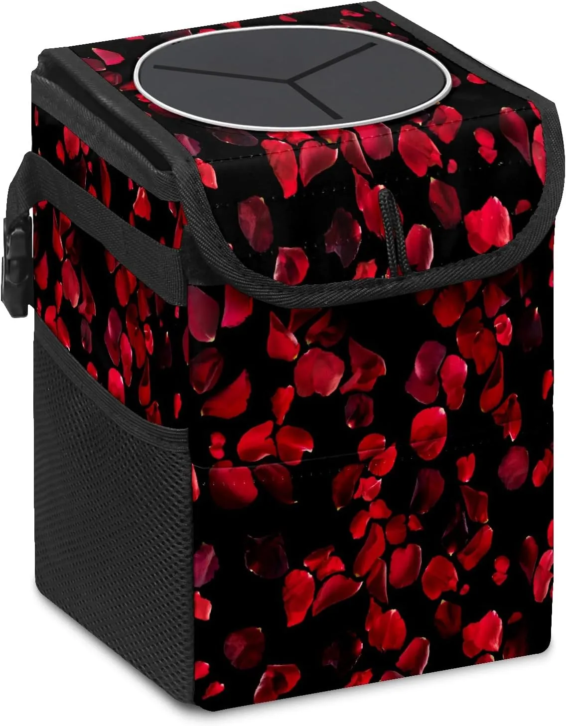 Car Trash Can Black Red Rose Petal Small Auto Garbage Bag with Lid Hanging for Front Seat Car Accessories Car Storage Container Box Fits for SUV Truck Sedan