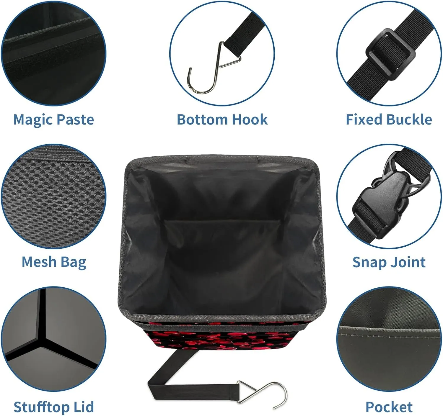 Car Trash Can Black Red Rose Petal Small Auto Garbage Bag with Lid Hanging for Front Seat Car Accessories Car Storage Container Box Fits for SUV Truck Sedan