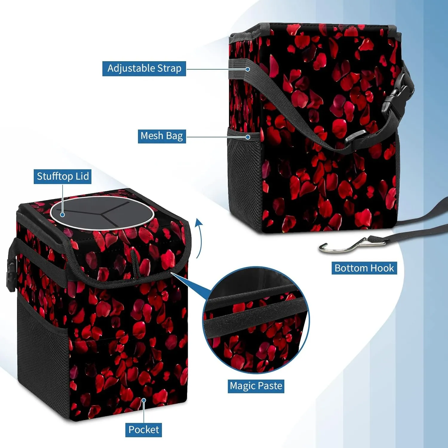 Car Trash Can Black Red Rose Petal Small Auto Garbage Bag with Lid Hanging for Front Seat Car Accessories Car Storage Container Box Fits for SUV Truck Sedan