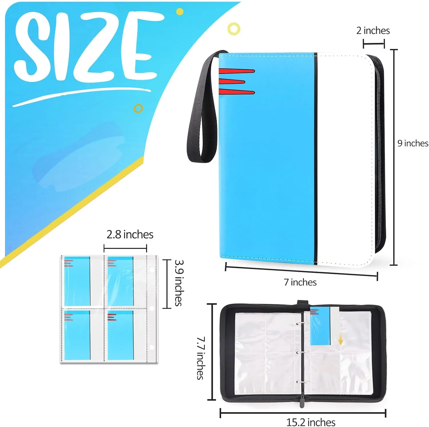 Card Binder 4 Pocket, Collectible Trading Card Albums Fits 400 Cards with 50 Removable Sleeves, Portable Trading Card Binder Collection Album Holder, Game Card Case book With Zipper for Gifts, Blue