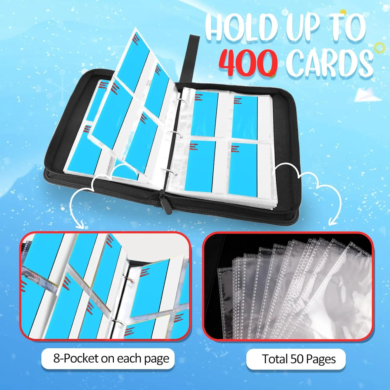 Card Binder 4 Pocket, Collectible Trading Card Albums Fits 400 Cards with 50 Removable Sleeves, Portable Trading Card Binder Collection Album Holder, Game Card Case book With Zipper for Gifts, Blue