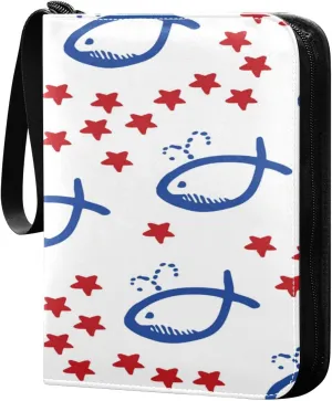 Card Binder 4 Pocket, Trading Card Binder Holder Fits 400 Cards with 50 Sleeves, Card Collection Binder Album Book Holder for Baseball Football Games Cards, Fish Red Star White
