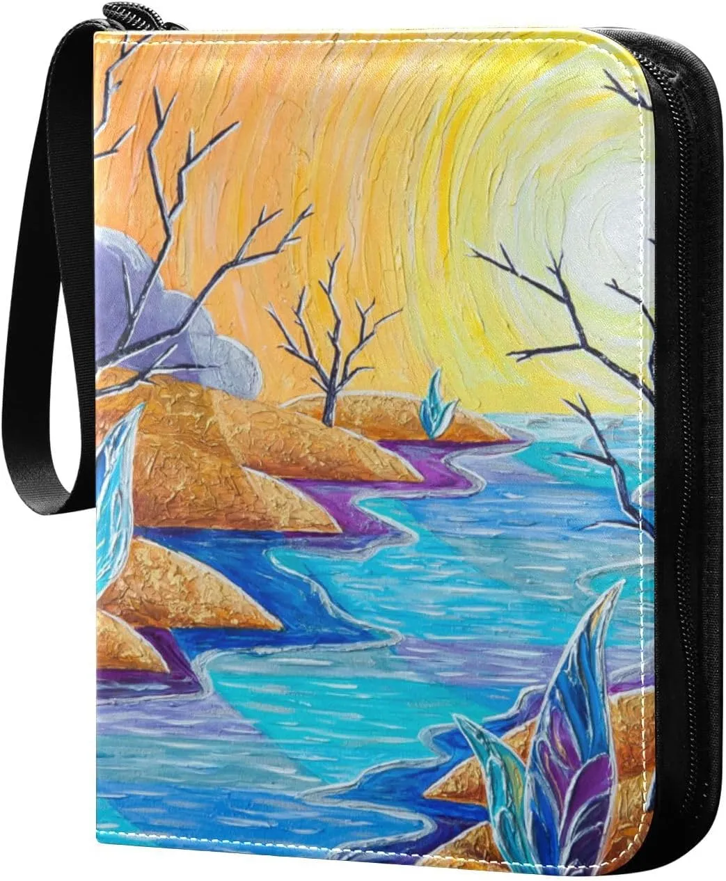 Card Binder 4 Pocket, Trading Card Binder Holder Fits 400 Cards with 50 Sleeves, Card Collection Binder Album Book Holder for Baseball Football Games Cards, River Sunset Oil Painting
