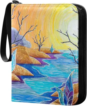 Card Binder 4 Pocket, Trading Card Binder Holder Fits 400 Cards with 50 Sleeves, Card Collection Binder Album Book Holder for Baseball Football Games Cards, River Sunset Oil Painting