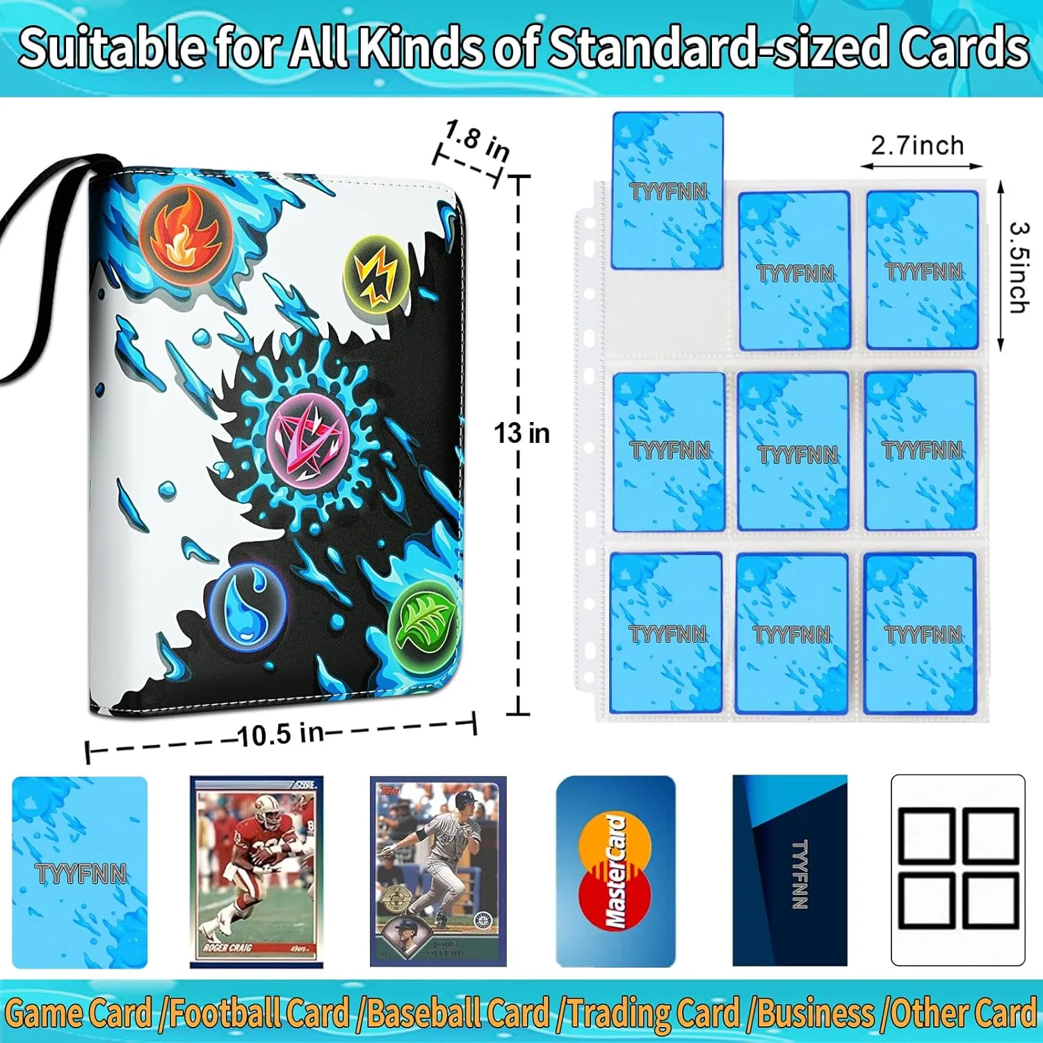 Card Binder 9 Pocket, Trading Card Binder Holder Fits 900 Cards with 50 Removable Sleeves, Double-Sided Card Collection Binder Album Book Case, Toys Gift For Boys Girls Aged 4-16
