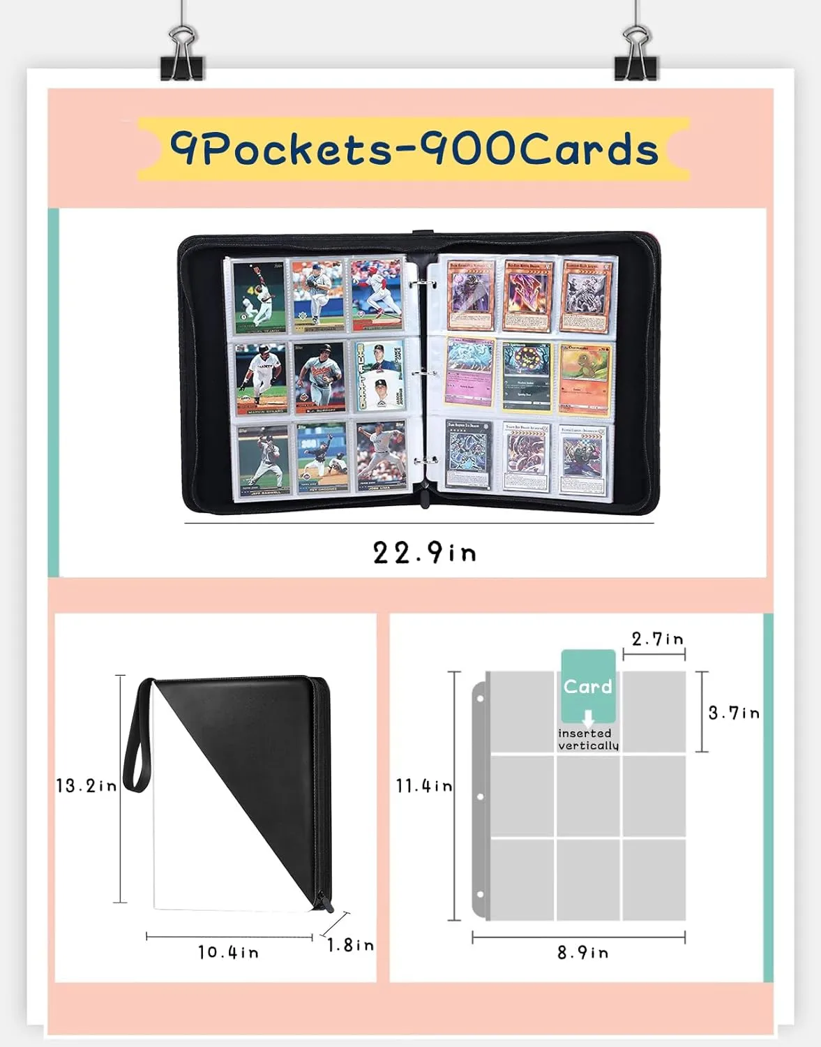 Card Binder with 9 Pockets - Holds Up to 900 Cards, Trading Card Collection Case Book (Black, 9 Pockets/900 Cards)