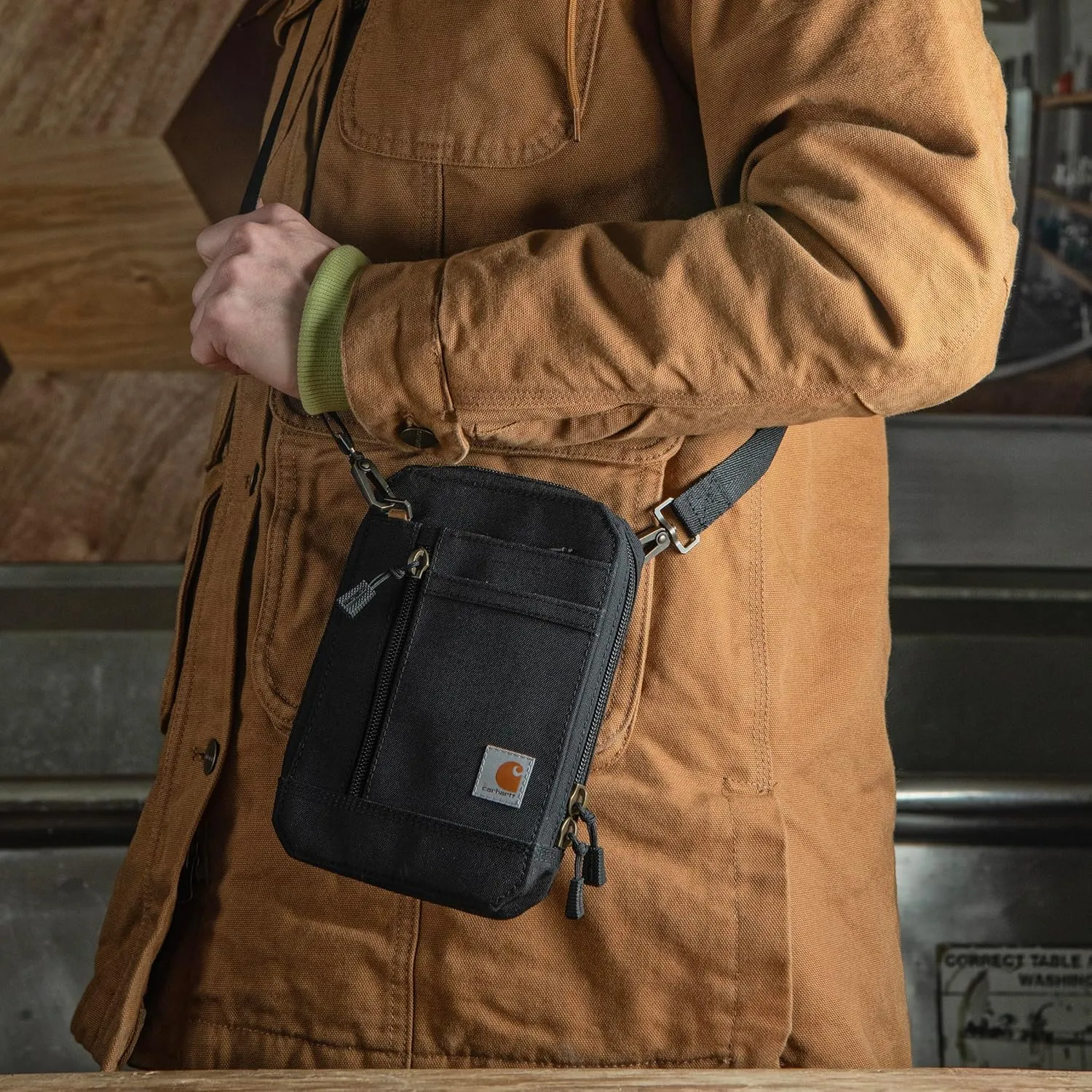 Carhartt Water Resistant Nylon Duck Crossbody Wallet W/Adjustable Strap and Zipper Closure, Brown