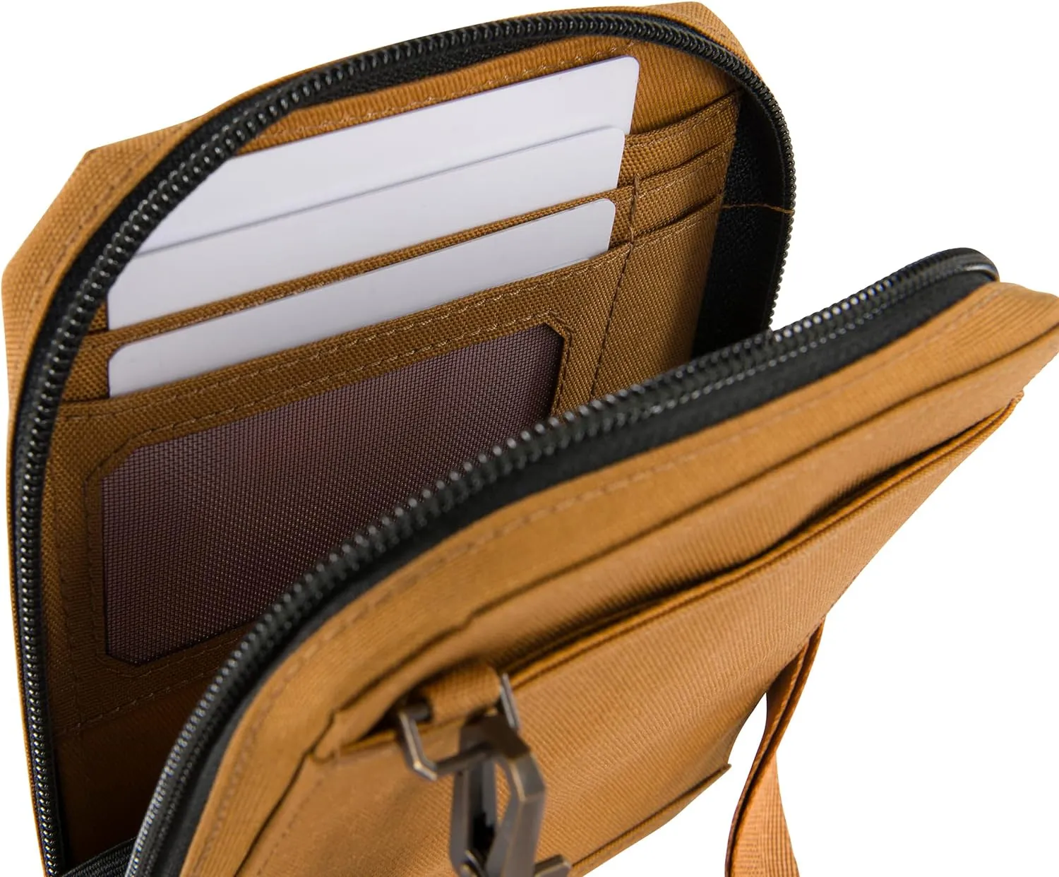 Carhartt Water Resistant Nylon Duck Crossbody Wallet W/Adjustable Strap and Zipper Closure, Brown