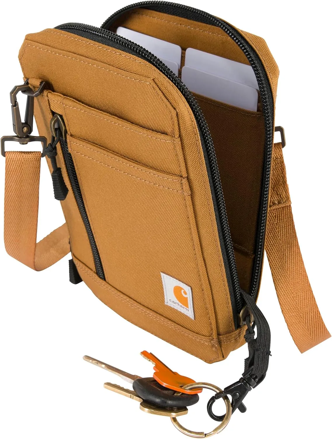 Carhartt Water Resistant Nylon Duck Crossbody Wallet W/Adjustable Strap and Zipper Closure, Brown