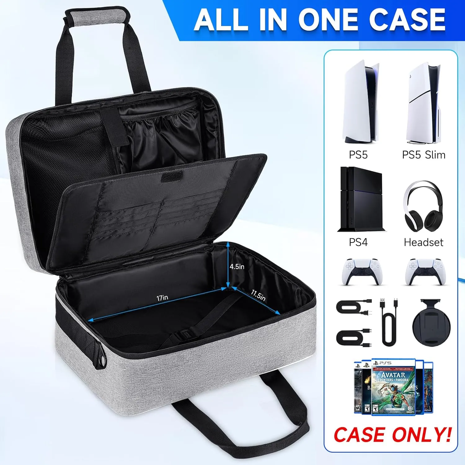 Carrying Case Compatible with PS5/PS4/PS5 Pro,17 Pockets Travel Storage Bag with Thick Padding Compatible with Playstation 5/PS5 Digital Edition,Controller,Game Discs,Charger & Accessories,Grey