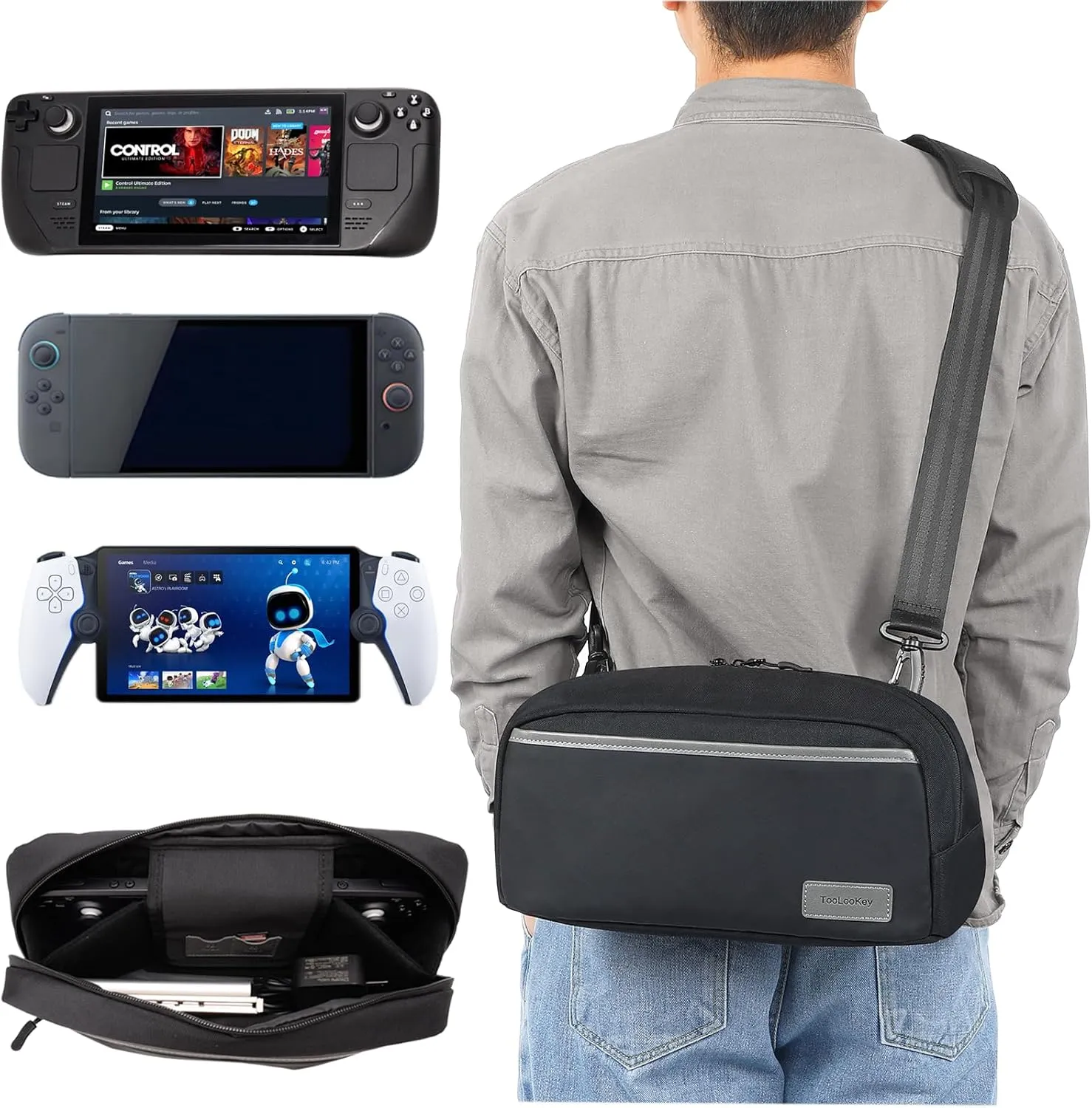 Carrying Case for Steam Deck/OLED/Nintendo Switch 2/PlayStation Portal, Protective Bag for Lenovo Legion Go/ASUS ROG Ally/X Console & Accessories Storage, Travel Lightweight Shoulder Bag with Pockets