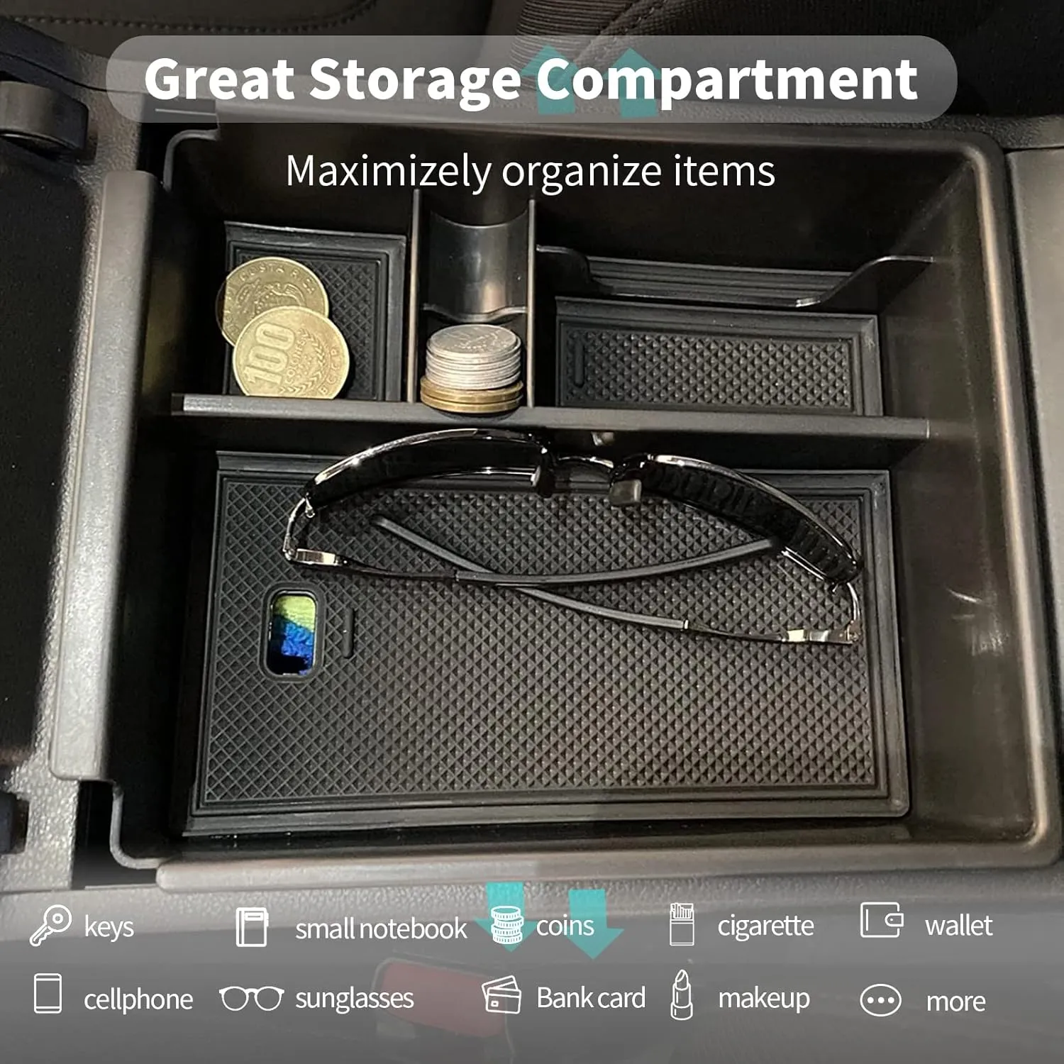CDEFG Center Console Organizer Tray for 2022 2023 2024 Santa Cruz 2024 Tucson Limited Hybrid SEL Armrest Storage Box Tray 2022 2023 2024 Santa Cruz 2024 Tucson Limited Hybrid SEL Accessory (Black Mat)