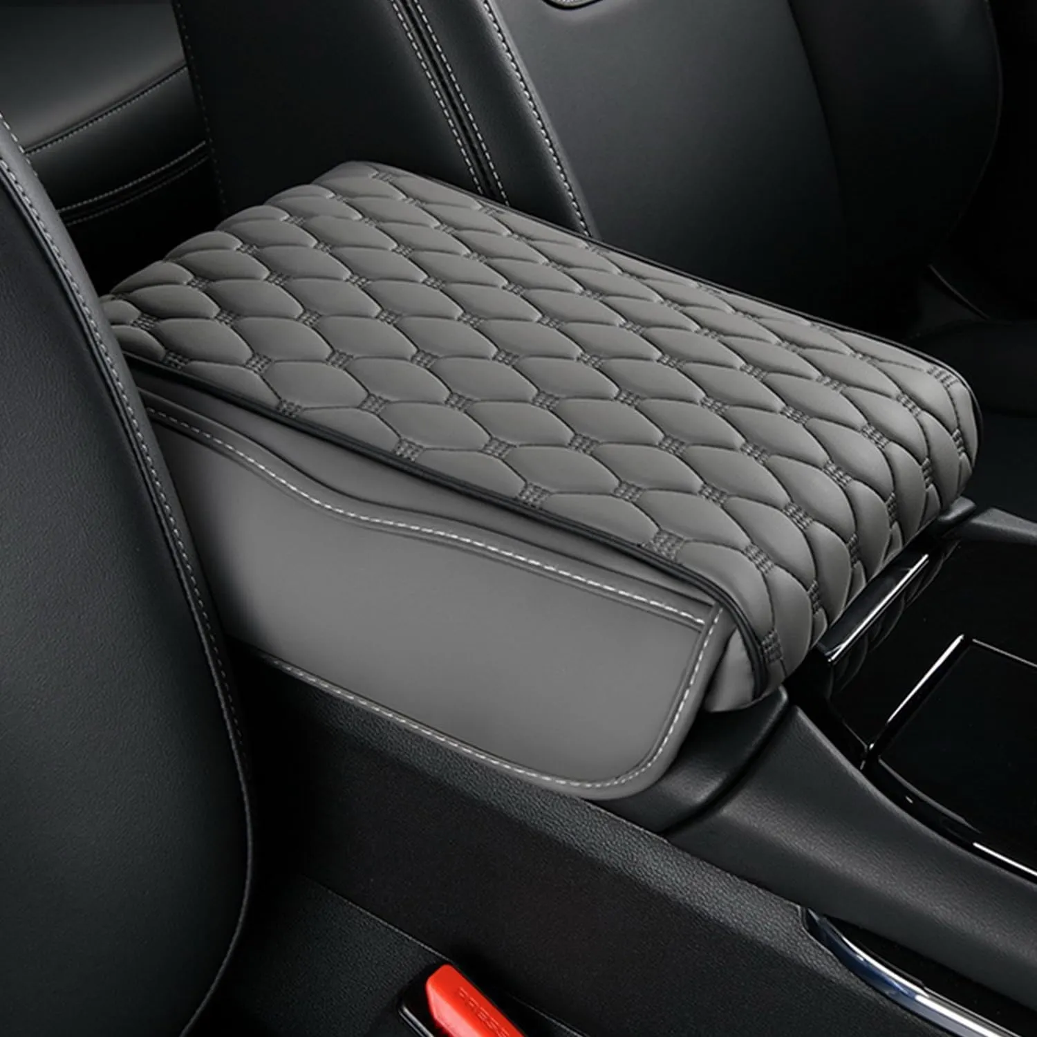 Center Console Armrest Cover, Universal Leather Waterproof Armrest Seat Box Cover Protector, Car Armrest Cover Cushion with 2 Storage Bags(Black) (Gray)