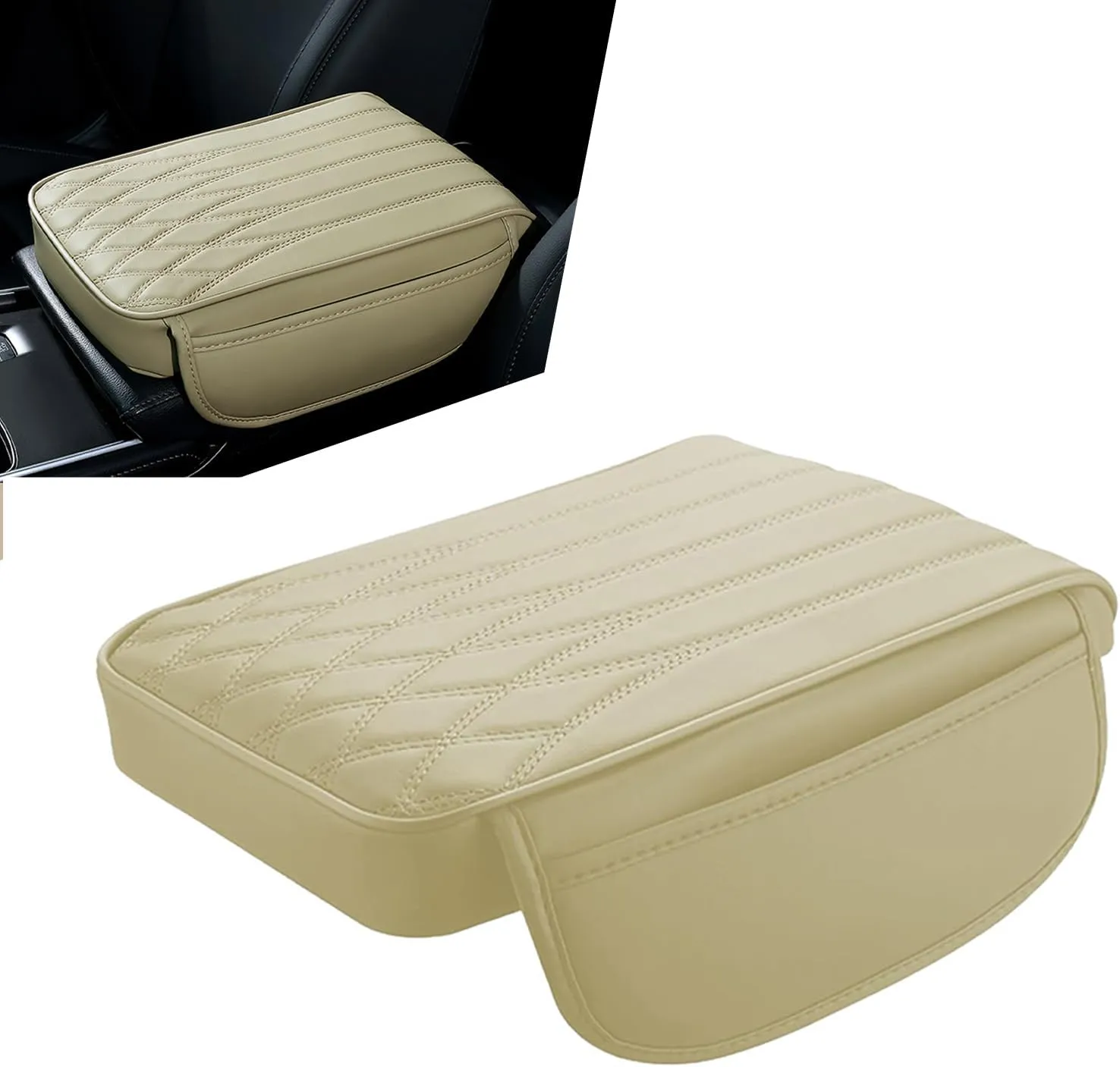 Center Console Cover, Car Center Console Cushion, Armrest Cover with 2 Storage Bags, PU Leather Center Console Lid Protector, Universal Car Interior Accessories for Most Vehicles (Beige)