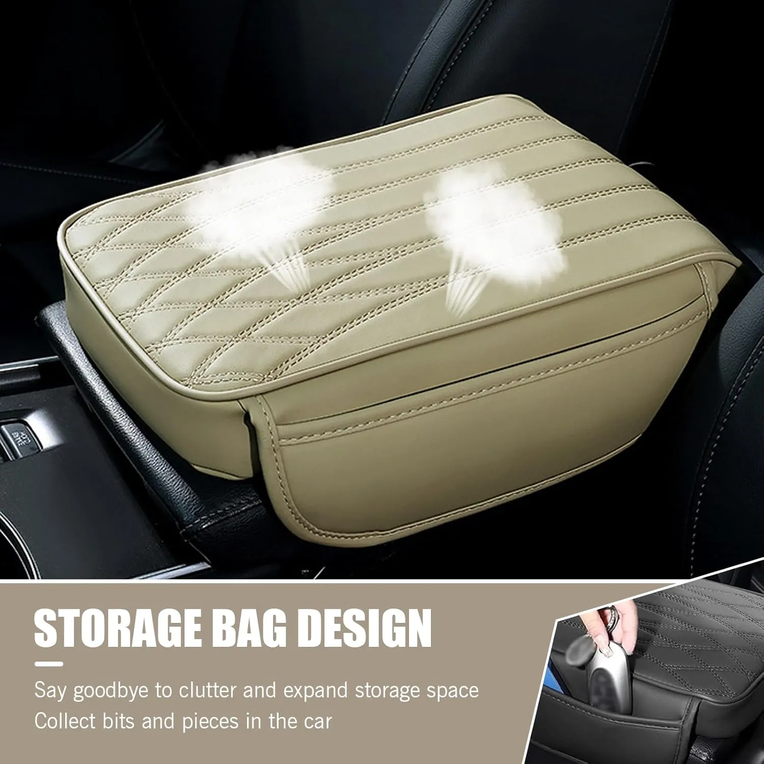 Center Console Cover, Car Center Console Cushion, Armrest Cover with 2 Storage Bags, PU Leather Center Console Lid Protector, Universal Car Interior Accessories for Most Vehicles (Beige)