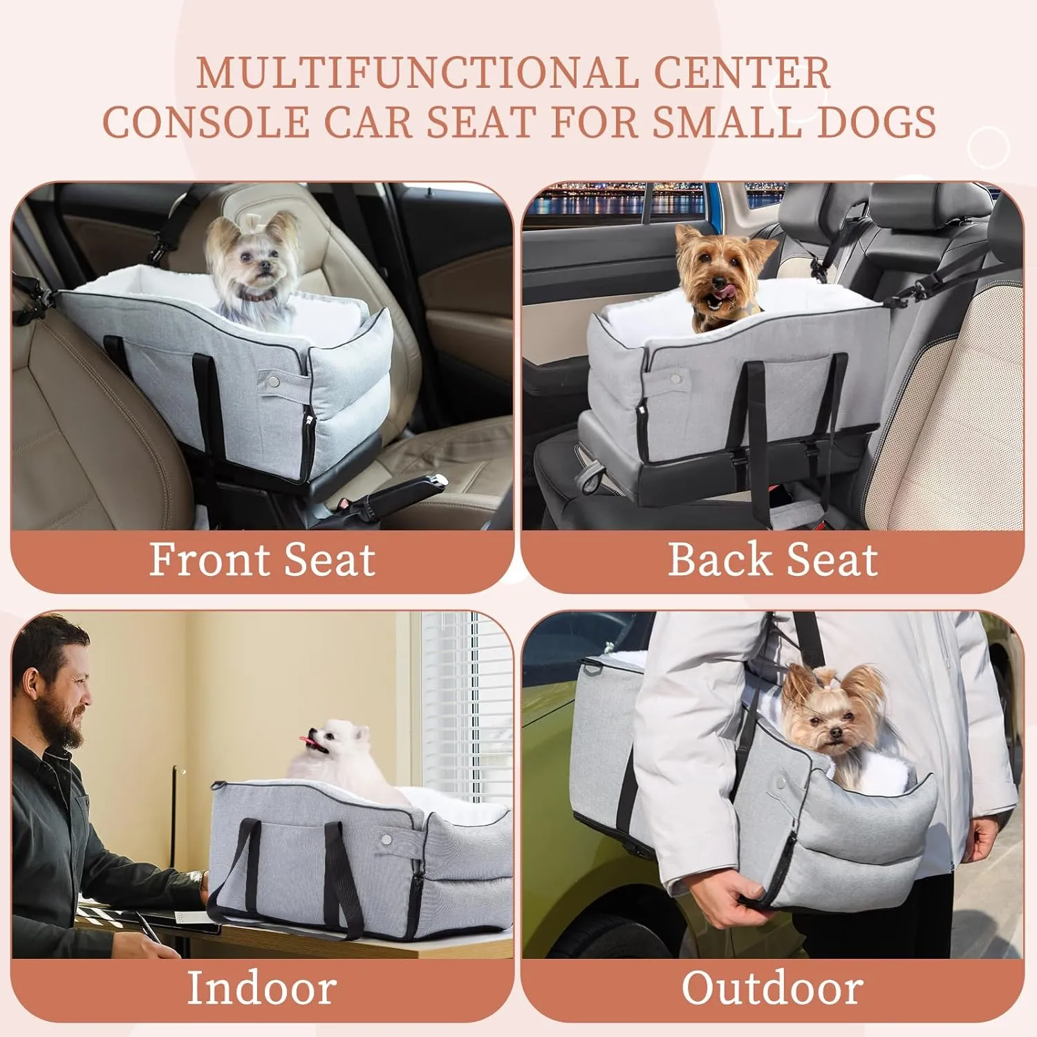 Center Console Dog Car Seat for Small Dogs Up to 12lbs, Detachable Armrest Pet Car Seat, Portable Middle Console Dog Booster Car Seat with Adjustable Straps, Storage Pocket & Safety Leash